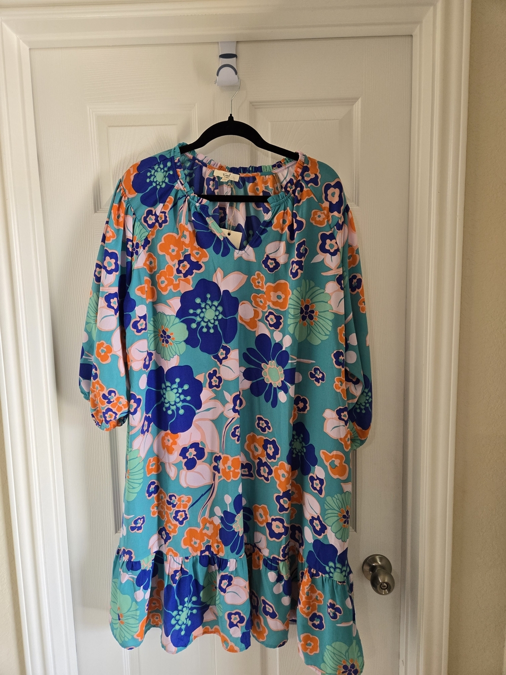 easel Teal Floral Midi Dress with Blue and Orange Blooms